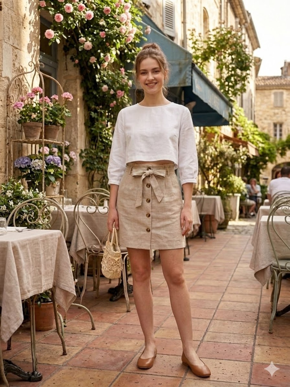 H&M Natural Beige Linen Tie-Waist Skirt